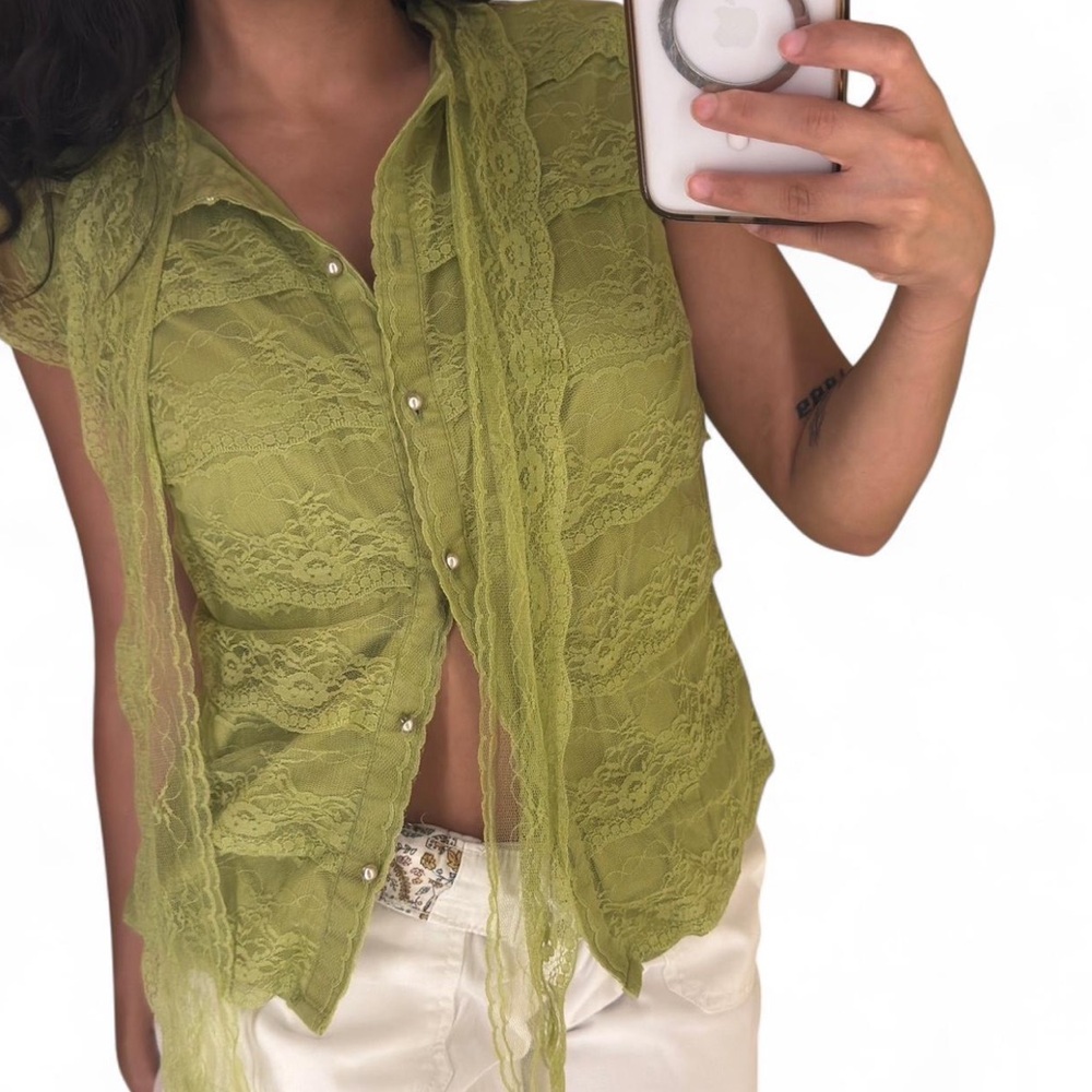 Chic Lace Button-Up Blouse in Olive